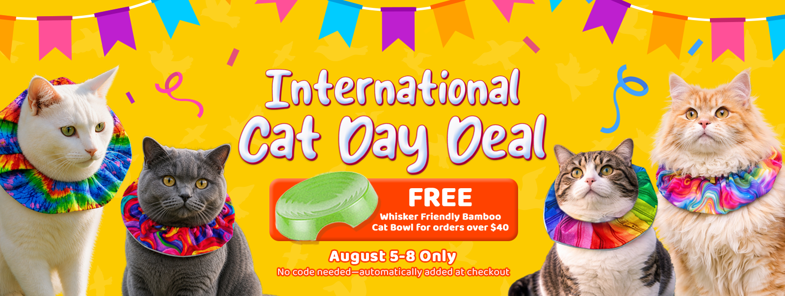 Four cats wearing colorful Birdsbesafe bird-safe ruffed collars on a yellow promotional banner for the International Cat Day Deal, highlighting a free whisker-friendly bamboo cat bowl offer.