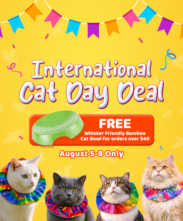 Four cats wearing colorful Birdsbesafe collar covers on a yellow promotional banner for the International Cat Day Deal, highlighting a free whisker-friendly bamboo cat bowl offer.