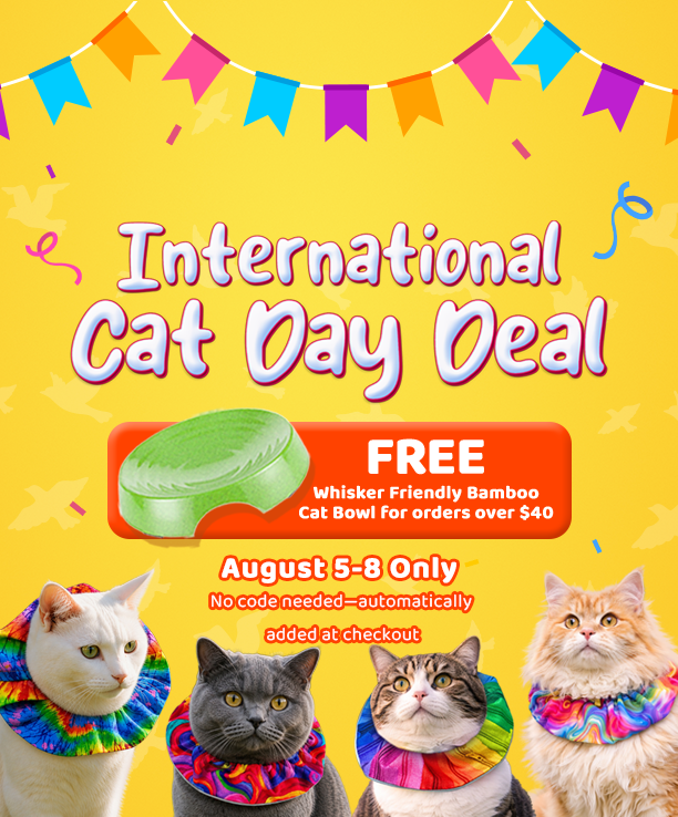Four cats wearing colorful Birdsbesafe collar covers on a yellow promotional banner for the International Cat Day Deal, highlighting a free whisker-friendly bamboo cat bowl offer.