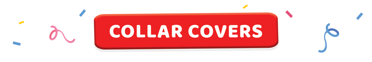 A red promotional section header reading "COLLAR COVERS" in bold white text with festive confetti accents for the International Cat Day Deal.