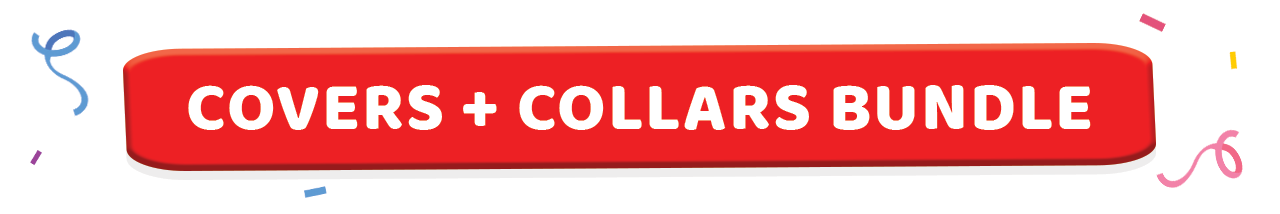A red promotional section header reading "COVERS + COLLARS BUNDLE" in bold white text with festive confetti accents for the International Cat Day Deal.