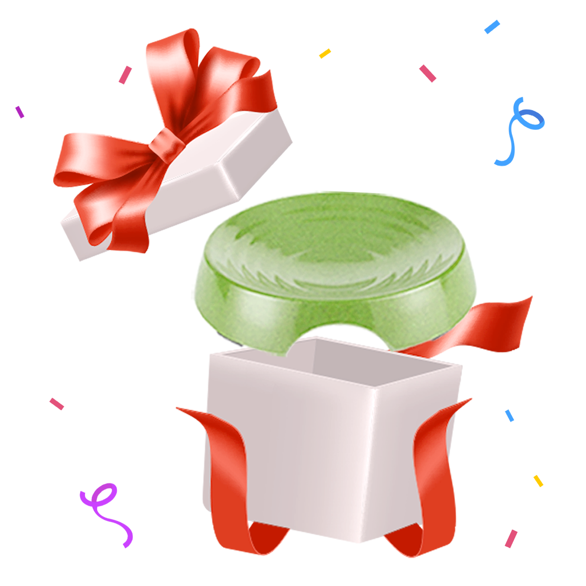 A bright green whisker-friendly bamboo cat bowl popping out of a white gift box, featured as the International Cat Day promotional free gift.