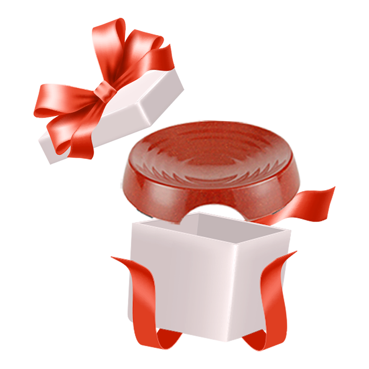 A red cat bowl emerging from an exploding white gift box with a pink ribbon, representing a Mother's Day free gift offer.