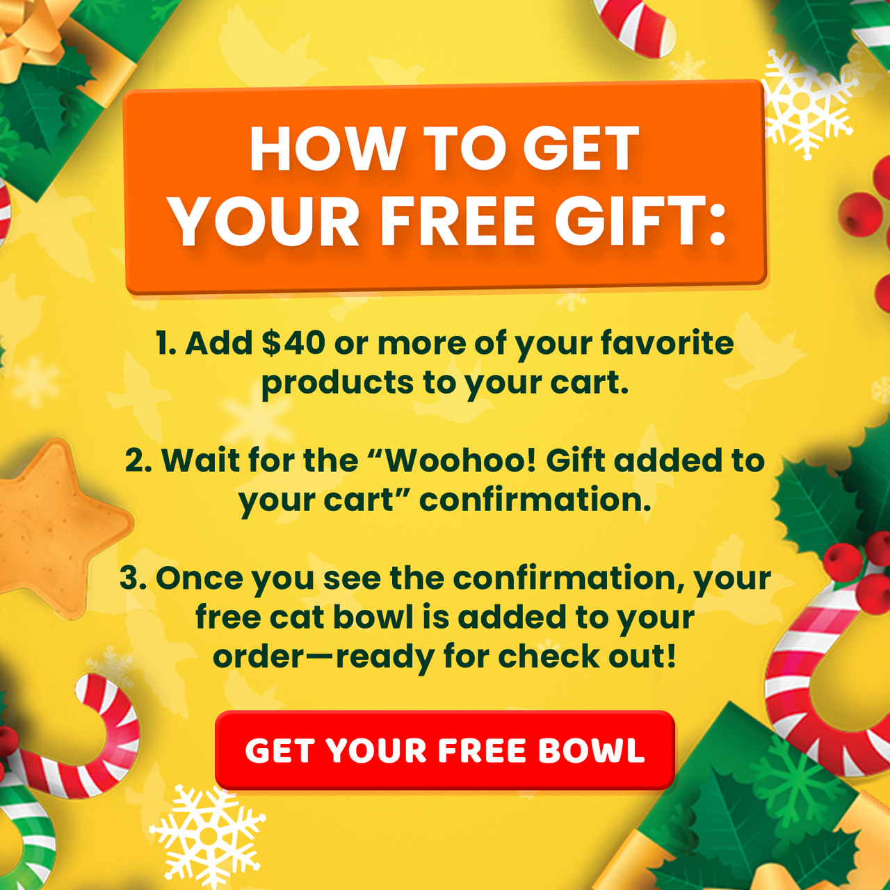 Steps to claim free cat bowl during the Birdsbesafe Christmas and New Year Sale